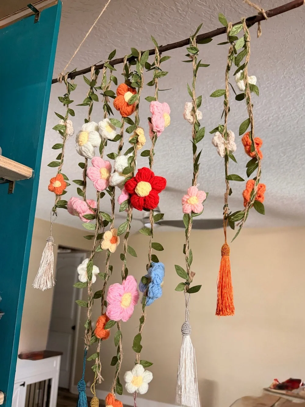 Boho style floral wall hanging with beautiful knit flowers with twine (set of 3)